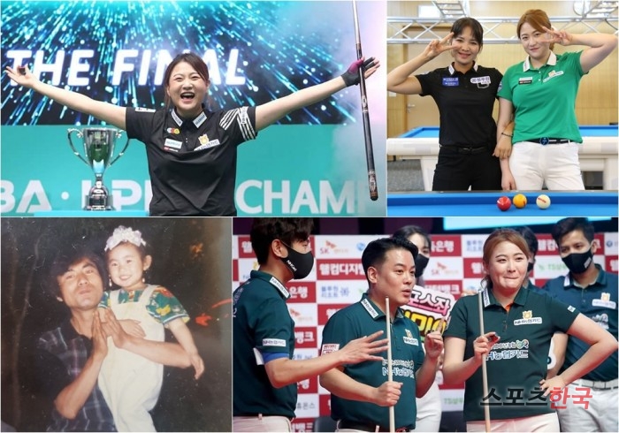 2022 하나카드 PBA-LPBA 챔피언십 우승, 스롱 피아비 선수와 함께, 어릴 적 김민아 선수와 아버지, 21-22시즌 팀 리그 모습. 사진=선수제공
